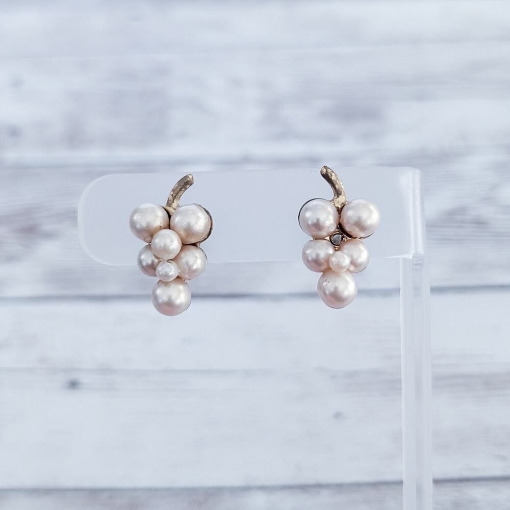 Vintage Screw On Earrings Faux Pearl Grapes? - One Missing Faux Pearl/Tarnished